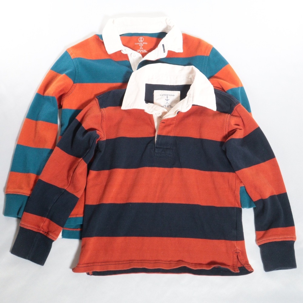 Lands End Rugby Polo Shirt Boys M 5/6 Yrs Rugby Orange Striped 2 Lot